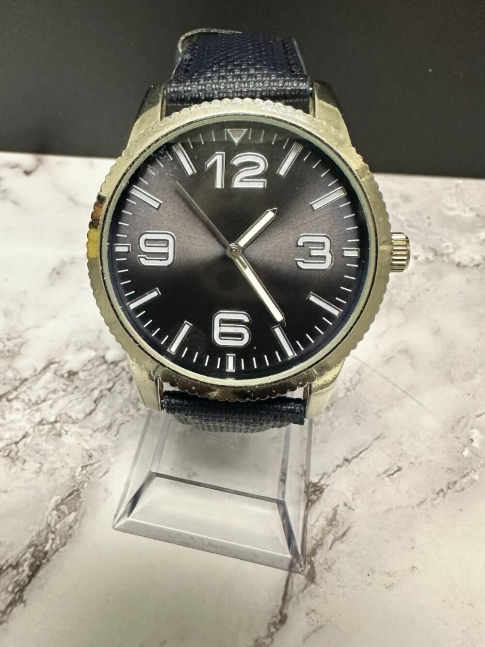 3/$30 Accutime Watch Men Silver Tone Blue Faux Leather Band 40MM Round